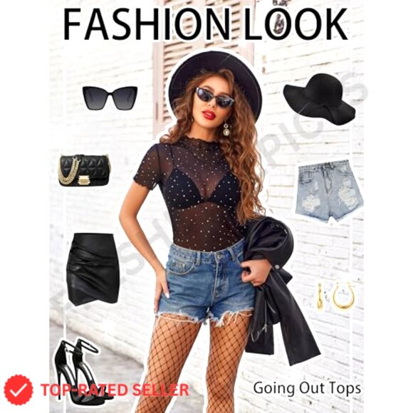 Mesh Rhinestone Blouse Sheer Sparkly Party Top Y2K Chic Going Out Wear - Picture 6 of 7
